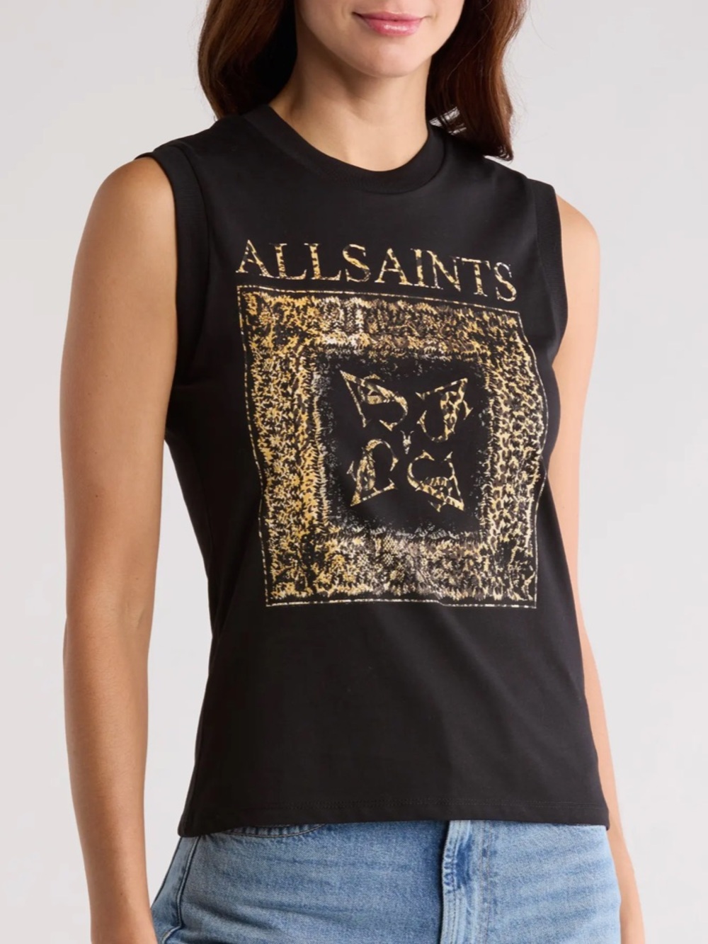 AllSaints Black Muscle Tee with Gold Graphic Logo